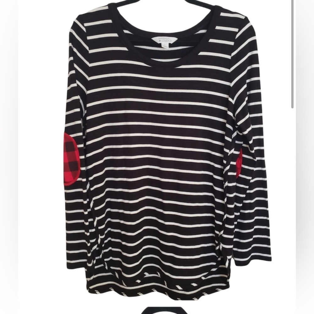 Market & Spruce L/S Elbow Patch comfy top, large, B&W, red plaid patches